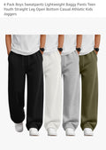 Oakgarden 4 Pack Boys Pants Straight Wide Leg Athletic Sweatpants Baggy Drawstring Lightweight Pockets Open Bottom Joggers
