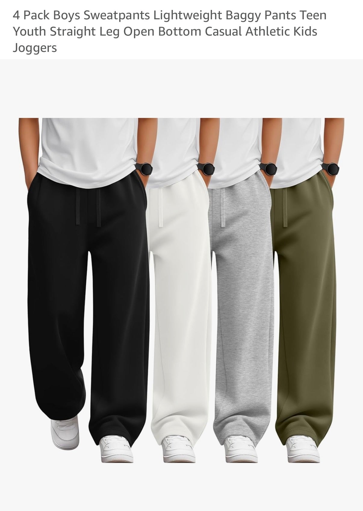 Oakgarden 4 Pack Boys Pants Straight Wide Leg Athletic Sweatpants Baggy Drawstring Lightweight Pockets Open Bottom Joggers